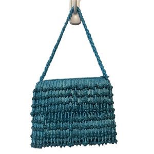 La Regale Fringe Beaded Micro Mini Tiny Bag w Strap | Vintage Y2K Look | Blue